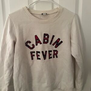 J. Crew White Crewneck Sweatshirt with Red Plaid 'Cabin Fever' Lettering